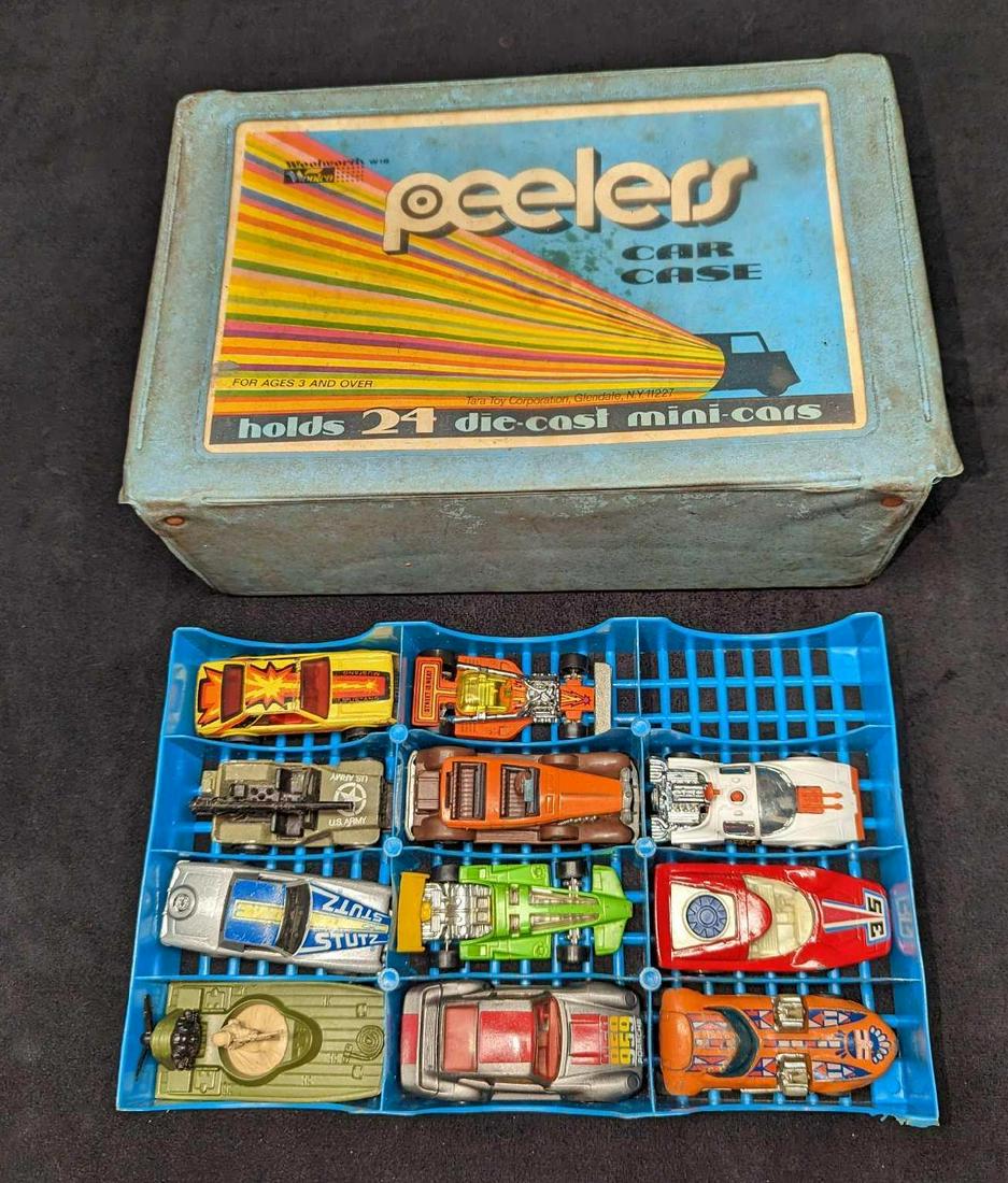 Vintage Woolworth Peelers Car Case With 11 Cars: Vintage Woolworth Peelers Car Case With 11 Cars. Vintage car case with 11 different vintage Hot Wheels and Matchbox die-cast cars. Most cars are from the 1960s and 1970s. The die-cast cars have scratc