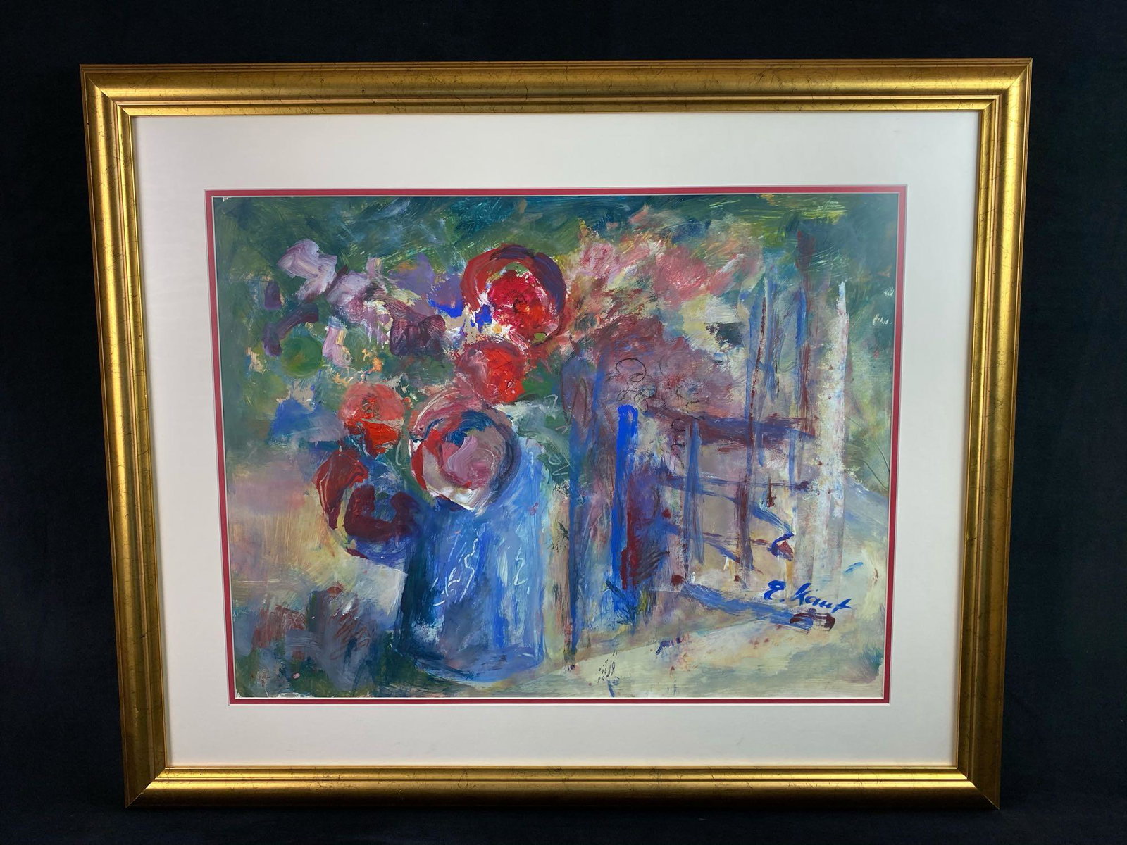Original Signed E. Kaint ? Acrylic On Paper Abstract Floral Painting: Original Signed E. Kaint ? Acrylic On Paper Abstract Floral Painting This very nice professionally framed piece is in very good condition. Not much known on the artist .Measurements are 28" x 34&