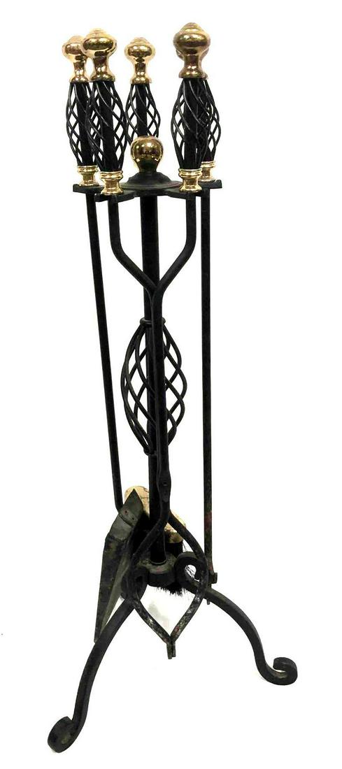Vintage Cast Iron & Brass Basket Weave Full Fireplace Tool Set & Stand (1 of 9)