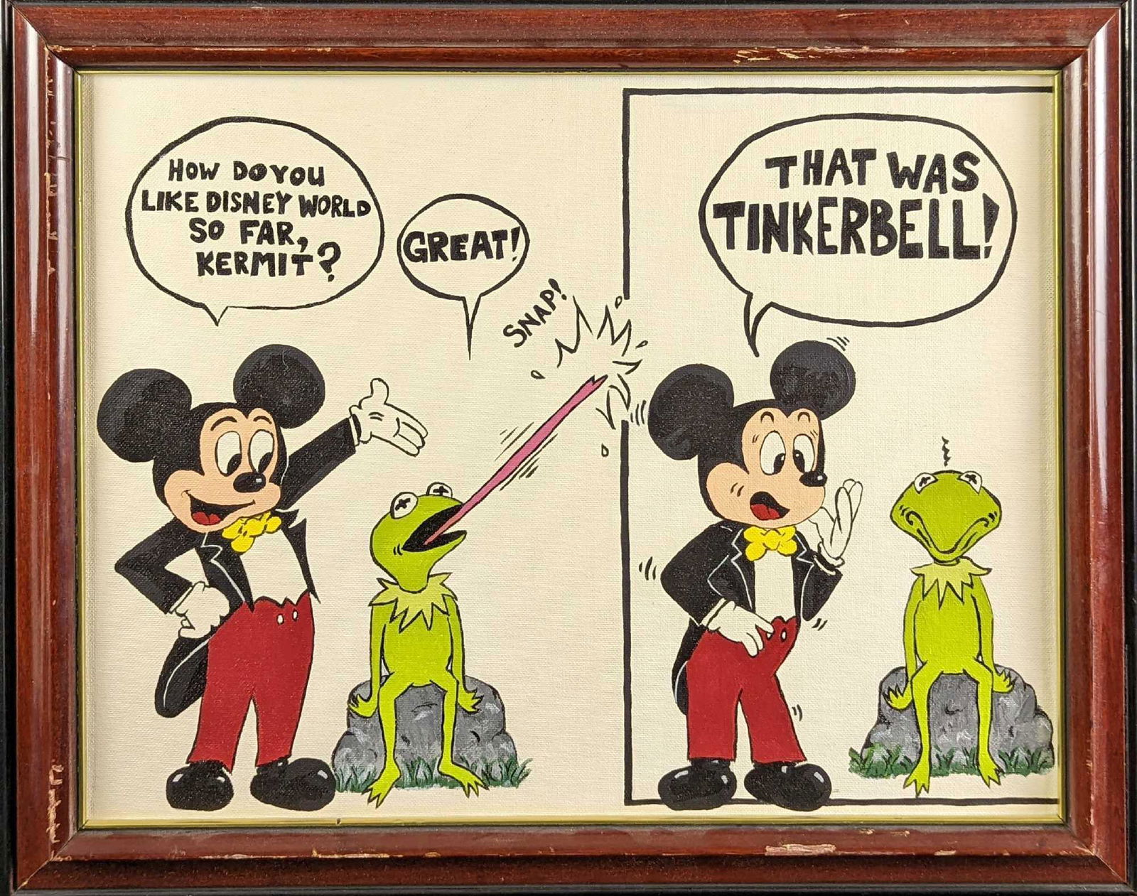 Mickey Mouse Kermit the Frog Original Acyclic On Canvas Panel: Here is an original acyclic on canvas panel of Mickey Mouse and Kermit The Frog. Here, Kermit accidently eats Tinkerbell after thinking she was a fly. The framed original is approx 20 1/2" x 1 1/2