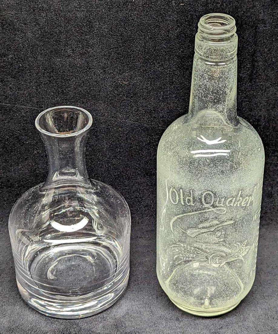Vintage Decanter Vase & Old Quaker Whiskey Bottle: Vintage Decanter Vase & Old Quaker Whiskey Bottle. This lot includes: (1) Glass Decanter Vase. This is approx 3 3/4" x 3 3/4" x 7" and it weighs 0.82lb. Can be used as a vase or decan
