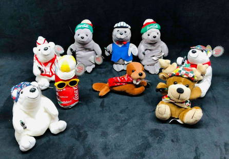 Coca-Cola Plush Toys 97' & 98' Beanie Babies: This lot contains Coca-Cola Plush Toys 97&#39; &amp; 98&#39; Beanie Babies. The Largest Plush toy is approx 5 1/4&#34; x 4 3/4&#34; x 5 1/2&#34; and altogether they weigh about 2.6lbs. Overall the Plu