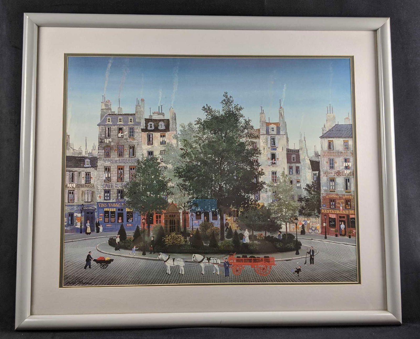 Large Framed Michel Delacroix Lithograph Le Square: Framed Michel Delacroix Lithograph "Le Square". Framed art is approx 35" x 39". Image is approx 27" x 21 1/2". Was double-matted and framed with a light blue frame. Framed art