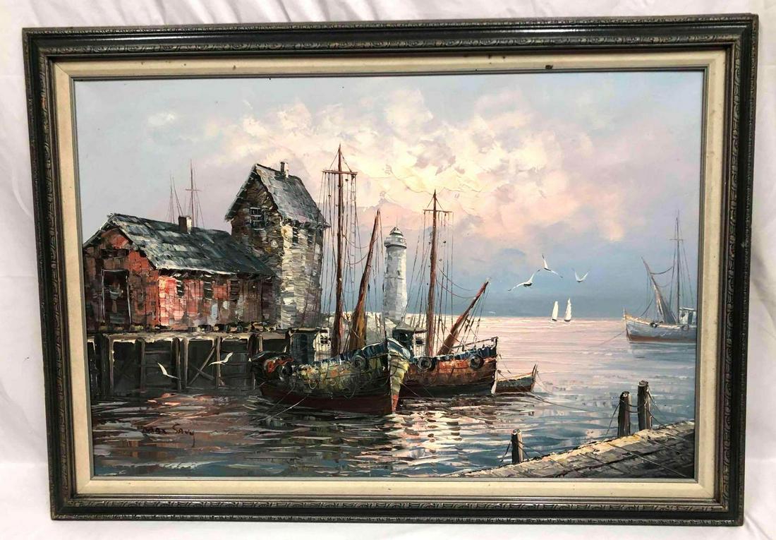 Original Max Savy Oil Painting On Canvas Port Scene