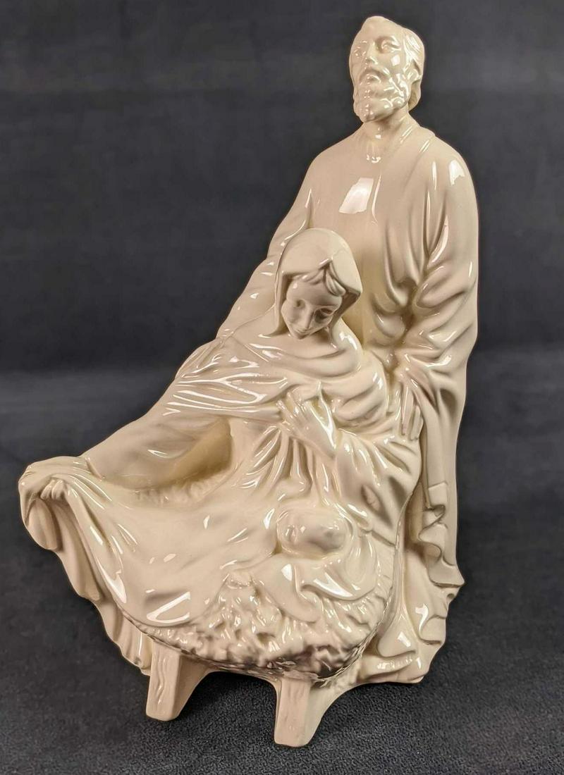 Vintage Off White Ceramic Holy Family Figurine: This vintage Holy Family figurine in all white ceramic would make a meaningful addition to your holiday decor. Handcrafted from a poured ceramic mold in the 80s or 90s, this generously sized religious