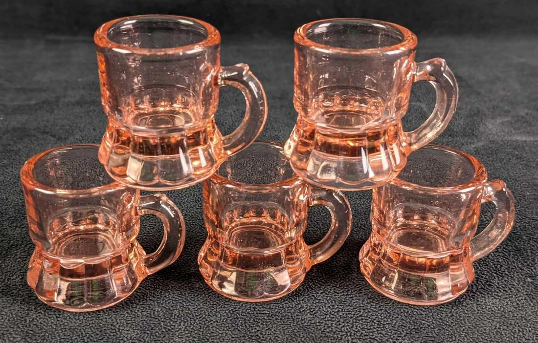 Five Vintage Pink Shot Glasses Similar To Federal Glass: Five Vintage Pink Shot Glasses. Very similar to the shot glasses by Federal, but these are not stamped with the familiar shield and the letter F. Each glass is approx 2" x 1 1/2" x 2" all 