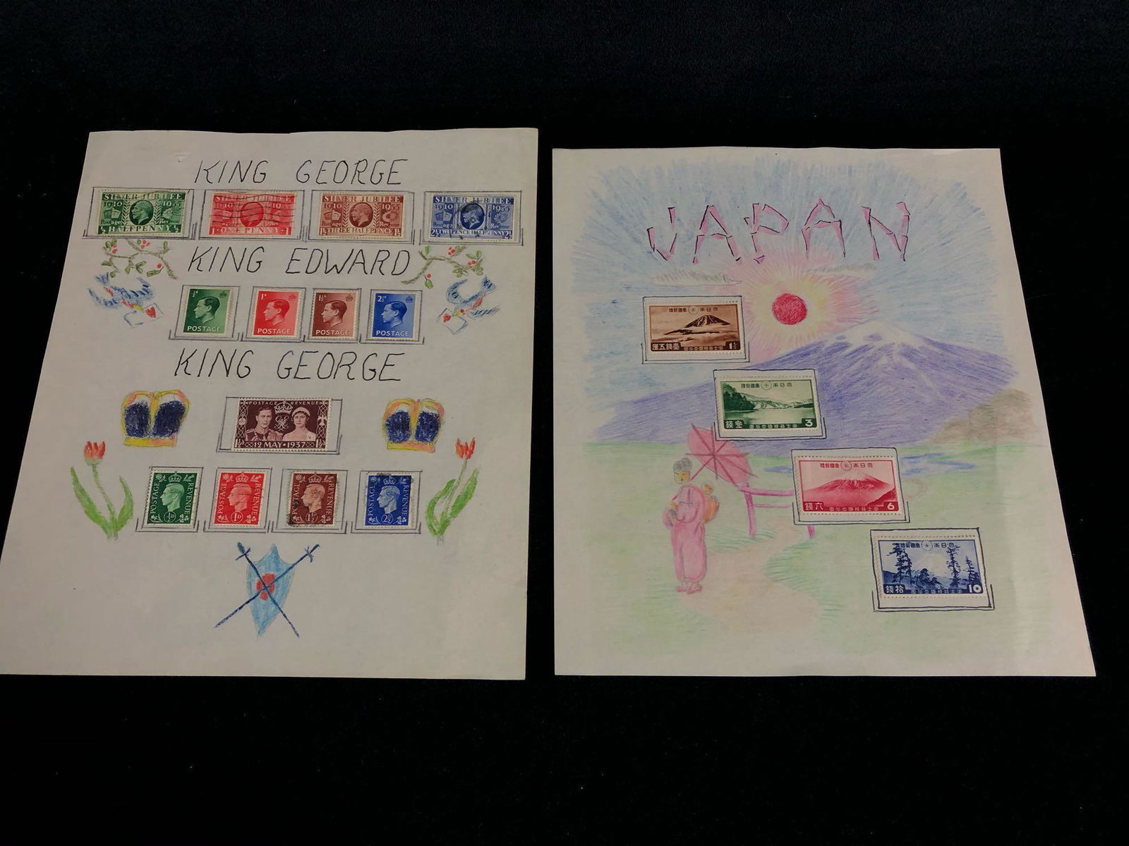 Vintage Colored Pencil On Rice Paper Folk Art / Trench Art Stamp Collage Drawings (1 of 7)