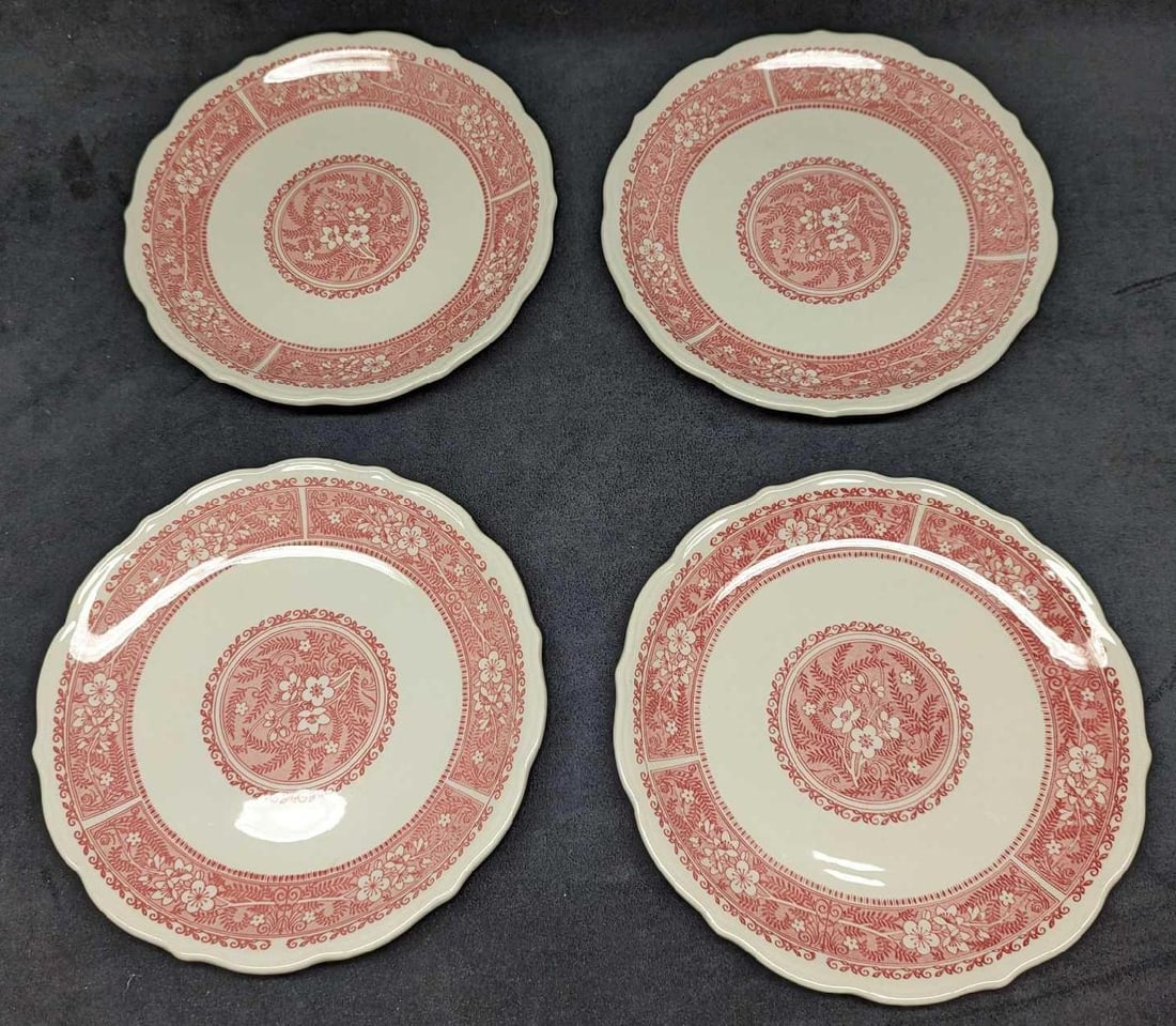 4 Retired Syracuse Strawberry Hill Pink Dinner Plates A: 4 Retired Syracuse Strawberry Hill Pink Dinner Plates A. Each plate is approx 10" x 1" x 10" and the total weight is 6.24 lbs. The plates have some light markings. Please see the images as
