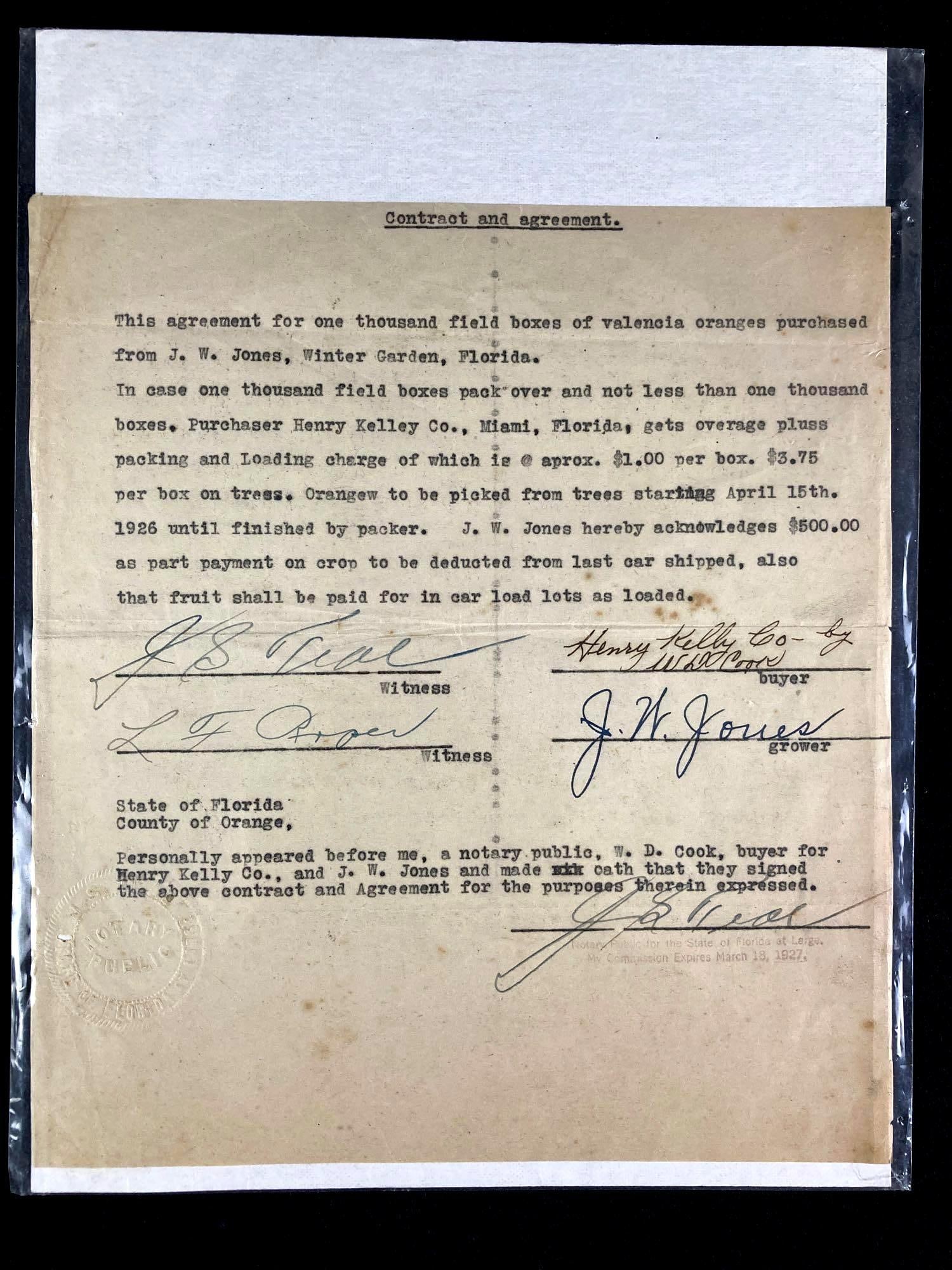 Winter Garden, Florida Orange Contract 1927 (1 of 3)