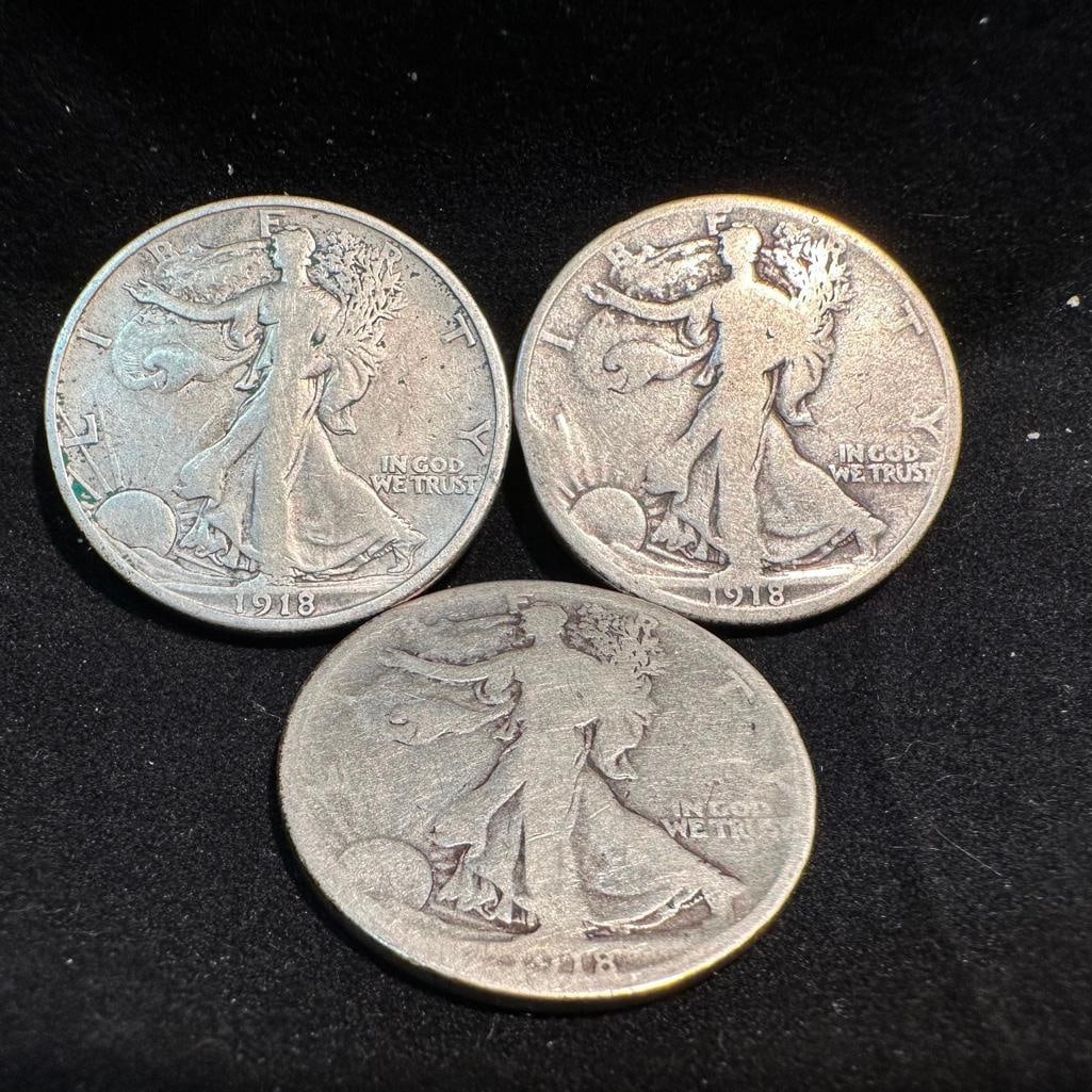 Three 1918 Walking Liberty Silver Half Dollars (1 of 2)