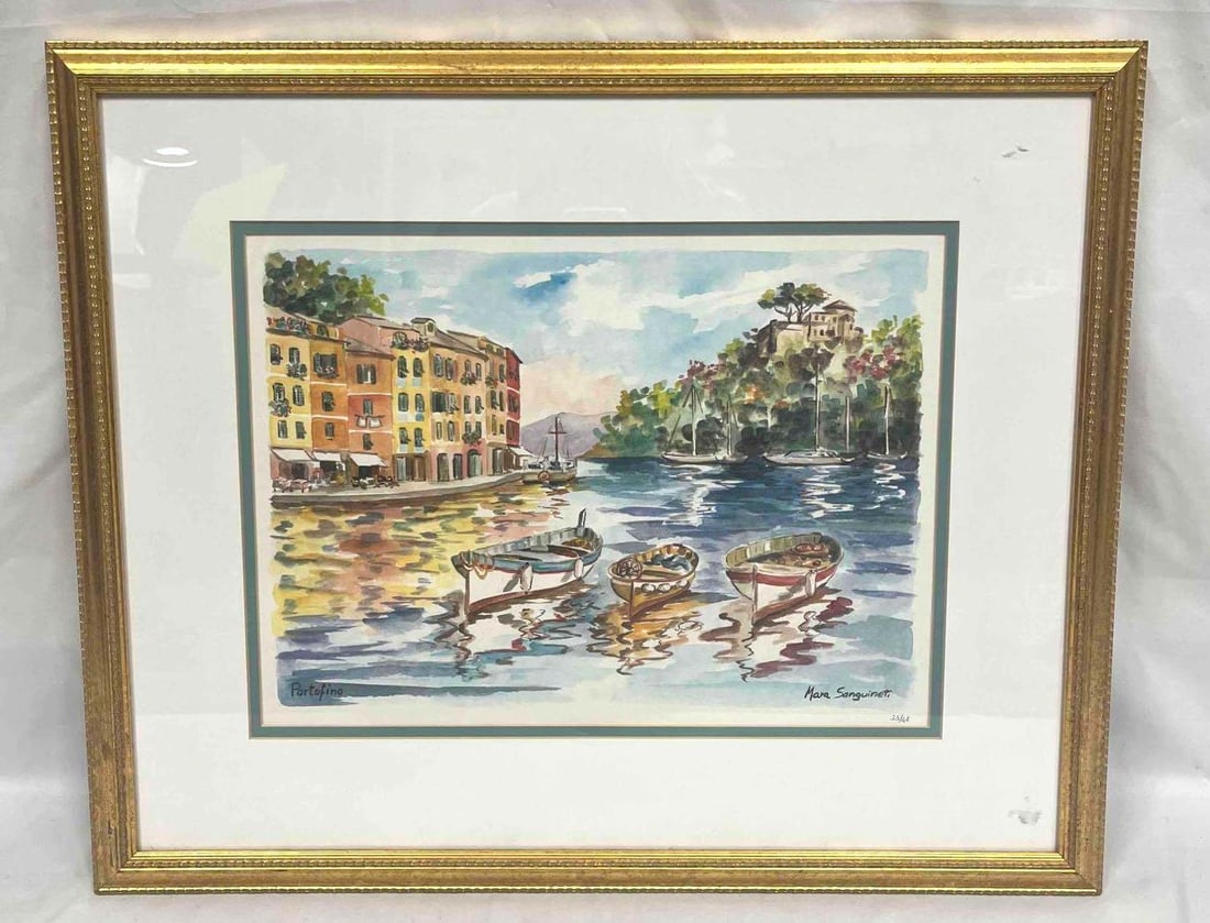 Framed & Numbered Mara Sanguineti Portofino Print (JB 223) A: This lot contains a Framed & Numbered Mara Sanguineti Portofino Print (JB 223) A. This print is #43 of #48. The frame is approx 18 1/4" x 22 1/4" while the artwork itself is approx 11"