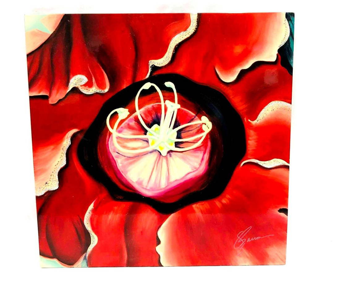 Signed Acrylic & Stone On Wood Lacquer Flower Wall Art Auction