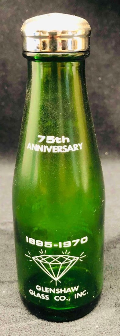 75th Anniversary 1895-1970 Glenshaw Glass Co. Inc. Green Bottle Salt Or Pepper Shaker (1 of 7)
