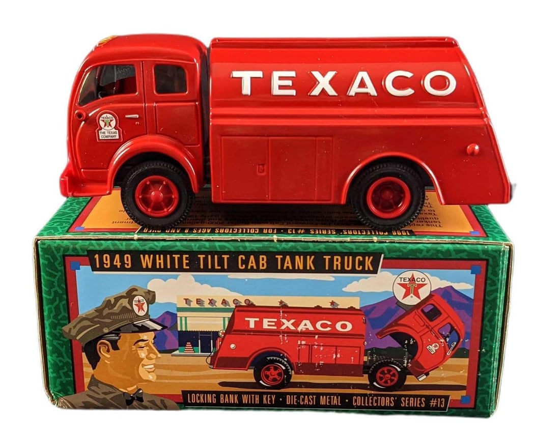 Texaco 1949 White Tilt Cab Tank Truck Bank Diecast: ERTL Collectables "Texaco" 1949 White Tilt Cab Tank Truck Bank Die-cast Model. New in the box. Was released in 1996. Comes in its original box which is approx 8" x 3" x 3" and it w