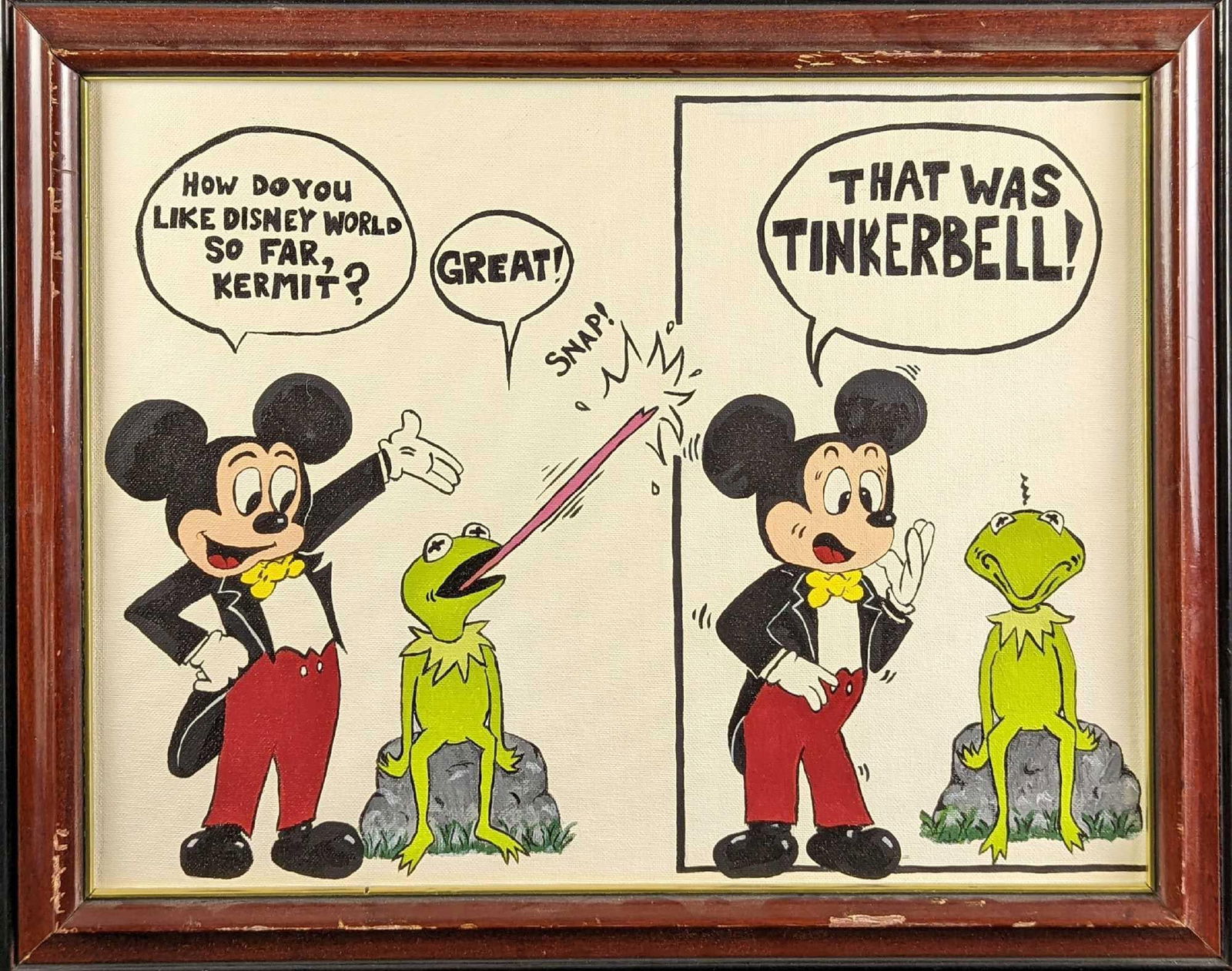 Mickey Mouse Kermit the Frog Original Acyclic On Canvas Panel: Here is an original acyclic on canvas panel of Mickey Mouse and Kermit The Frog. Here, Kermit accidently eats Tinkerbell after thinking she was a fly. The framed original is approx 20 1/2" x 1 1/2