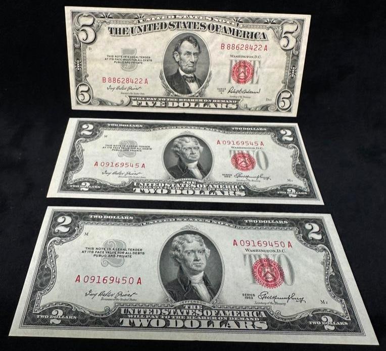 Lot of Three 1953 Red Seal Notes Uncirculated: Lot of 3 1953 Uncirculated Red Seal Notes: $2 Federal Reserve Note Series 1953 $2 Federal Reserve Note Series 1953 $5 Federal Reserve Note Series 1953 A These bills are uncirculated but still have sma