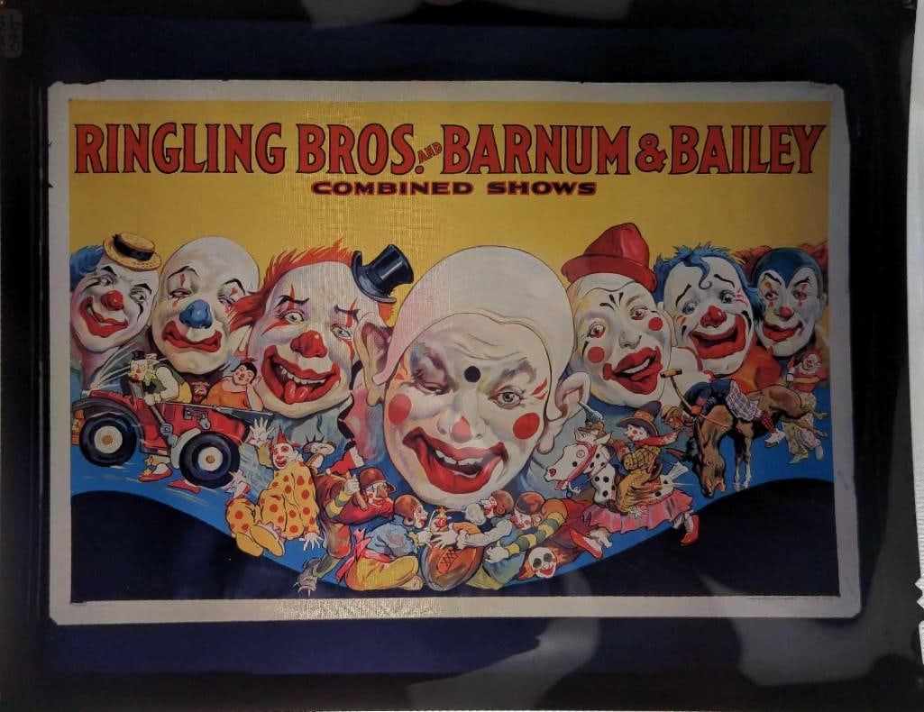 Kodak Ektachrome Duplicating Film Transparency of a Ringling Brothers And Barnum Circus Poster: Here is an original Kodak Ektachrome Duplicating Film Transparency of a Ringling Brothers And Barnum Circus Poster that shows several clown heads along with other clowns going through an assortment of