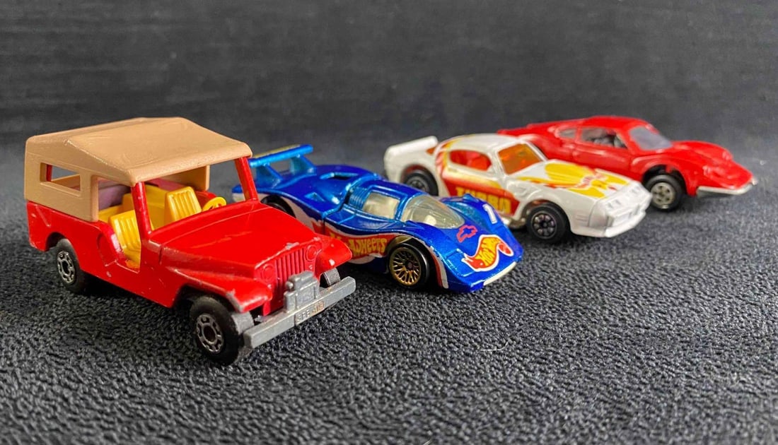 4 Vintage 1:64 Scale Cars: 4 Vintage 1:64 Scale Cars Lot of 4 vintage 1:64 vehicles: Matchbox Jeep, Ertl Cannonball Ferrari Dino, Hot Wheels Sol-Aire CX-4, Kenner Firebird Turbo. All are in good condition with no known damage,