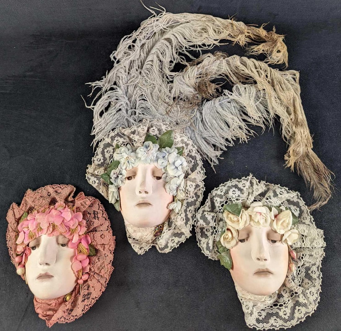 3 Vintage Plaster Lady Faces W Lace & Floral Trim (1 of 11)