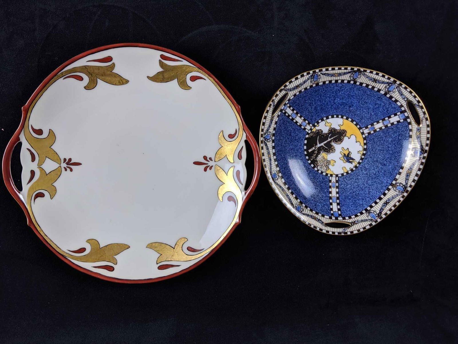 Vintage Porcelain Plates lot of 2: 1 Noritake Triangle Plate Bowl with blue, white and black colors. This plate is gilded along the edges and there are in good condition. There are no known cracks or chips in this plate. The measuremen