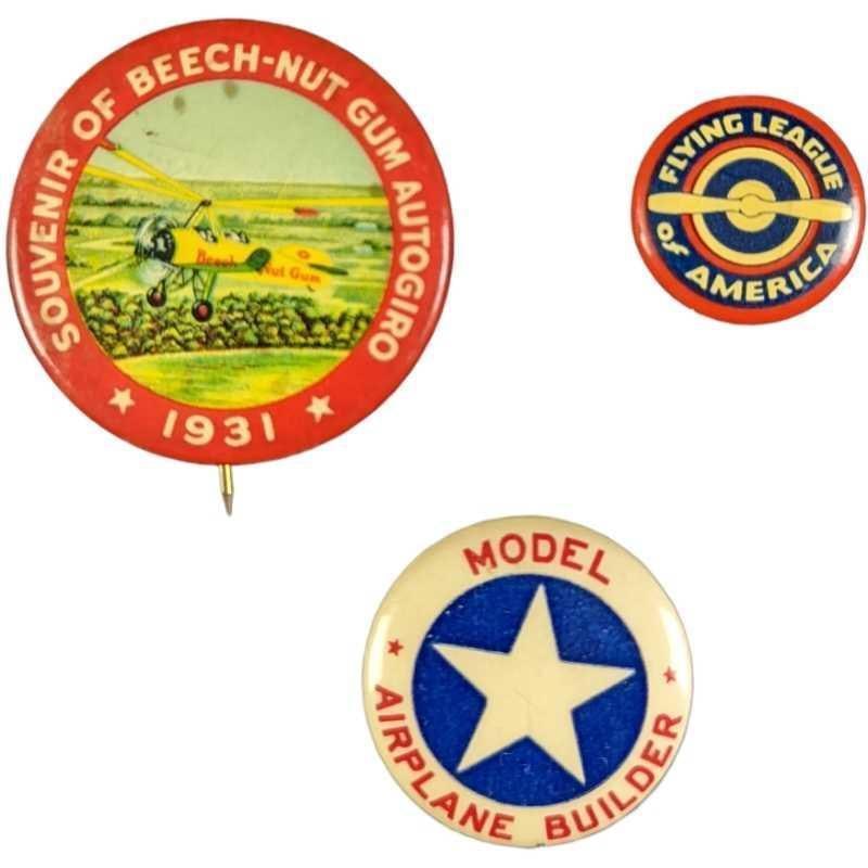 1930s Aviation Pin Lot: This lot of 3 1930's Aviation pins consists of: (1) Souvenir of Beech-Nut Gum Autogiro 1931 Advertising Pinback. Bastian Co. The colors are bold and the pin is in good vintage condition with some 