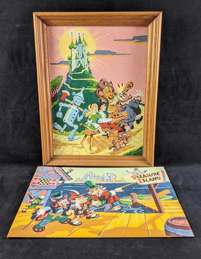 Vintage Pinocchio Wizard of Oz Complete Paintings: Vintage Pinocchio Wizard of Oz Complete Paintings This lot has two expertly completed paint by number pieces. These are done on board with one painting framed. They have minor age wear but no major da