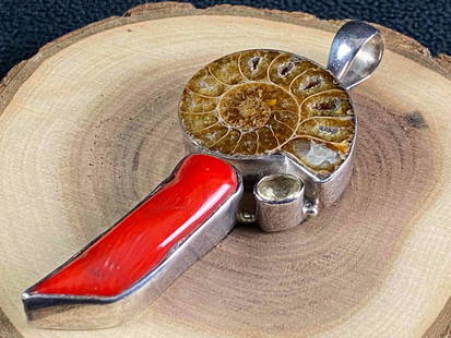 Vintage Ammonite Fossil Citrine Branch Coral Sterling Pendant: This fine piece of vintage jewelry has been researched and tested . Please review all our pictures they are part of our description . Happy Bidding  Metal - Sterling 925 Color - Silver Maker -Pamela R