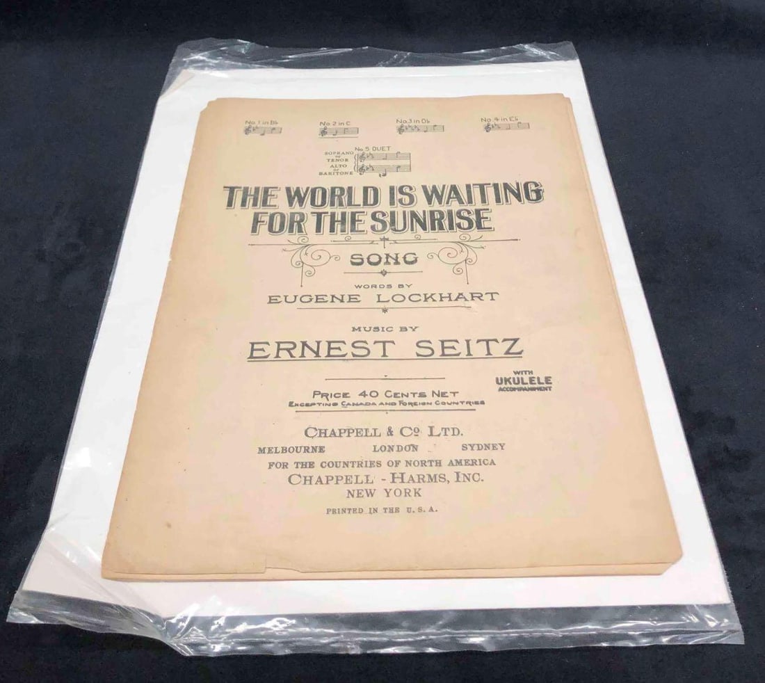 Lot of 5 Antique Sheets Of Music Early 1900's: This lot contains a set of five antique sheets of music from the early 1900's. The sheets come in a protective plastic sleeve to avoid damage. The sheets are approx 12" x 9" and the protec