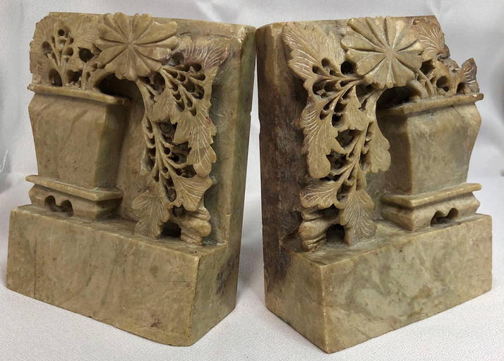 Antique Asian Carved Soapstone Bookends