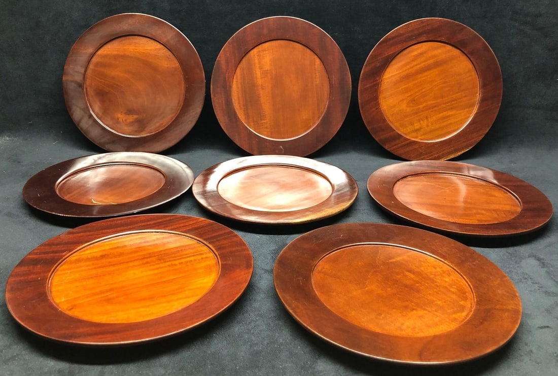 Carib Craft Handmade Mahogany Dinner Plates (8): This lot contains Carib Craft Mahogany Dinner Plate Set (8). Handmade in Haiti. Each plate is approx 10" x 10" x 3/4" with a combined weight of about 7.5lbs. Overall the Dinner Plates are 