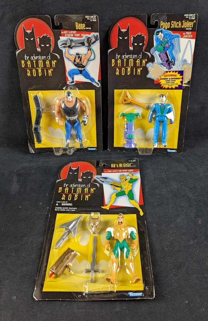 Batman's Foes Bane Ra Al Ghul & Joker Action Figures: Batman's Foes Bane Ra Al Ghul & Joker Action Figures. Bring on the bad guys! This lot of the superstitious and cowardly villains consists of: (1) Ra Al Ghul With Strike Shooter And Combat Swo