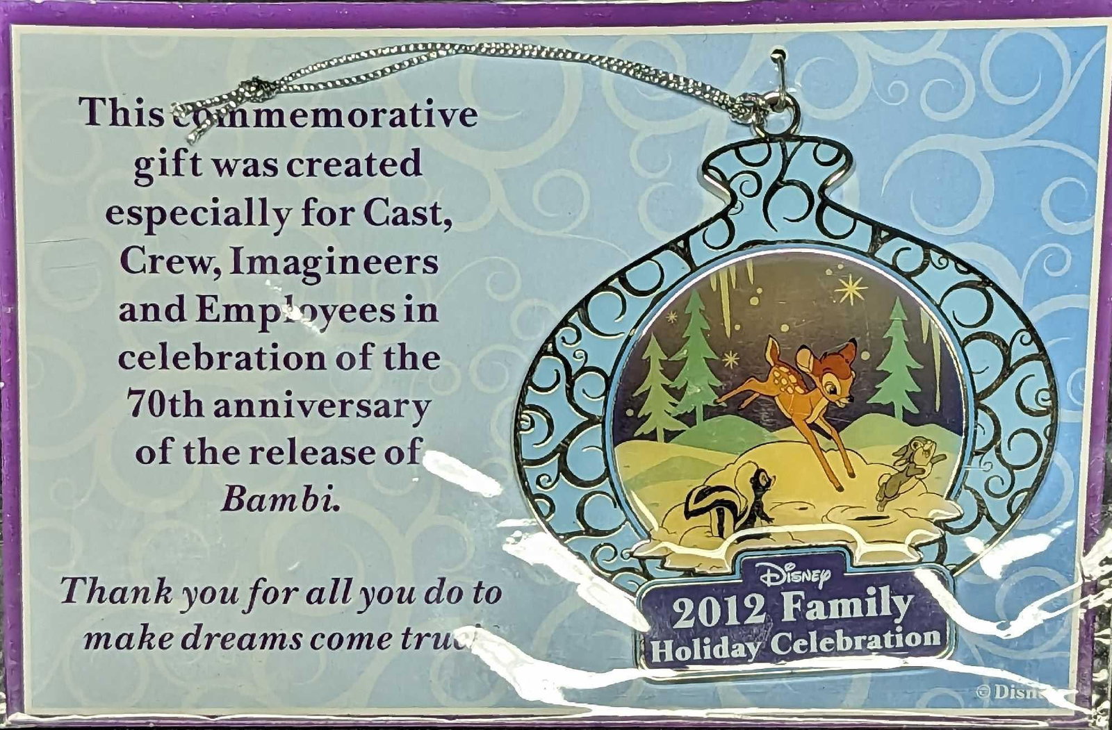 Disney Cast Exclusive Bambi Anniversary Ornament: Walt Disney Commemorative Bambi Ornament This is a cast member-exclusive metal silver-tone ornament that was released to celebrate the 70th anniversary of Disney's animated movie, "Bambi".