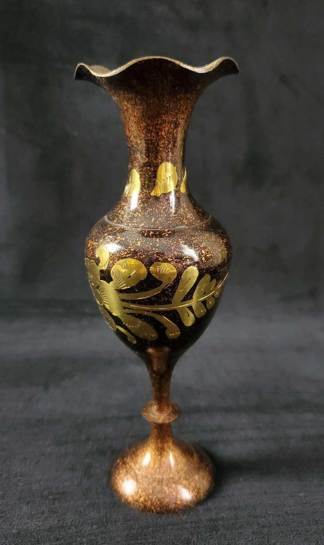 Etched Vintage Solid Carved Trumpet Rim Brass Vase (1 of 6)