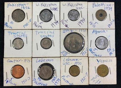 12 Middle Eastern Coins: 12 Middle Eastern Coins. Lot of 12 coins from various Middle Eastern countries. The coins are from various years and in varying conditions. Please see the photos for the best description of the condit