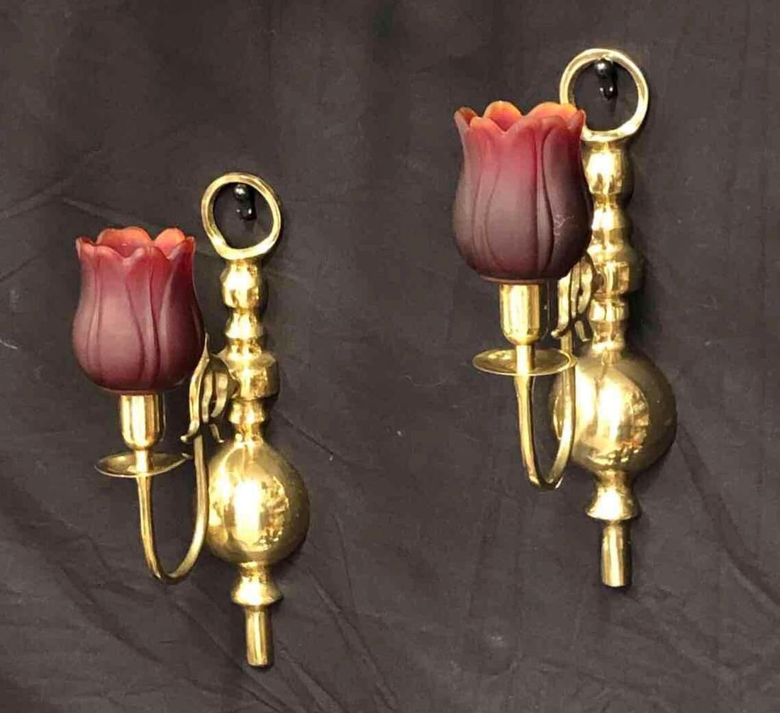 VTG Brass Sconces w/ Glass Rose Bud Votive Holders (1 of 5)