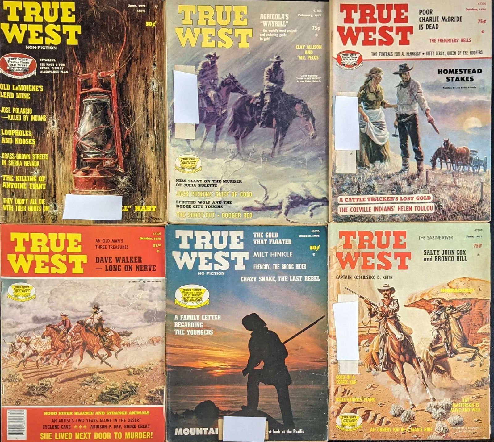 Six Vintage True West Magazines Cowboys: This lot includes: (1) February 1977. (1) October 1976. (1) June 1971. The cover is slightly loose from the pages. (1) June 1977. (1)