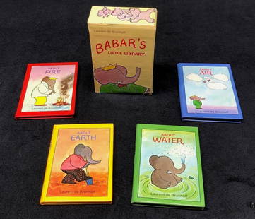 VTG "Babar's Little Library" Laurent de Brunhoff: "Babar's Little Library" Vintage Book Collection by Laurent de Brunhoff. Copyright 1980. Published by Random House. Miniature Set includes 4 Complete Books: "About Fire", "Abou