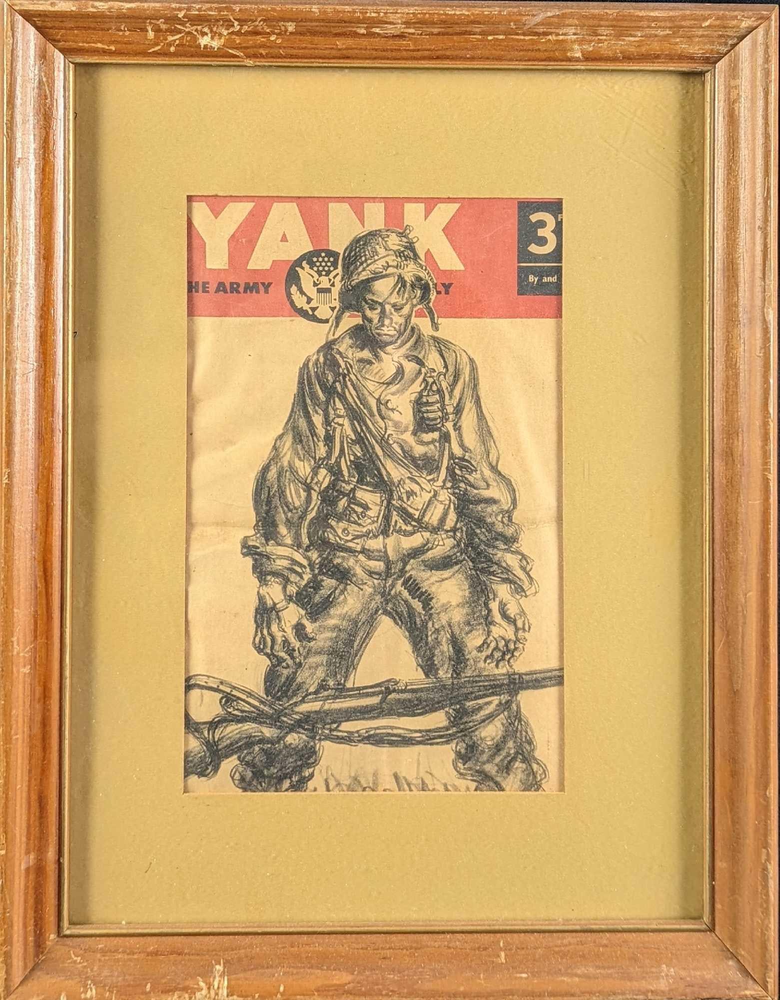Framed Yank The Army Weekly Magazine 1945 WW2 Era: This framed Yank: The Army Weekly Magazine features the August 1945 issue. Has the image of a charcoal-drawn grieving soldier. Matted in a light green color with a simple wooden frame, this piece is i