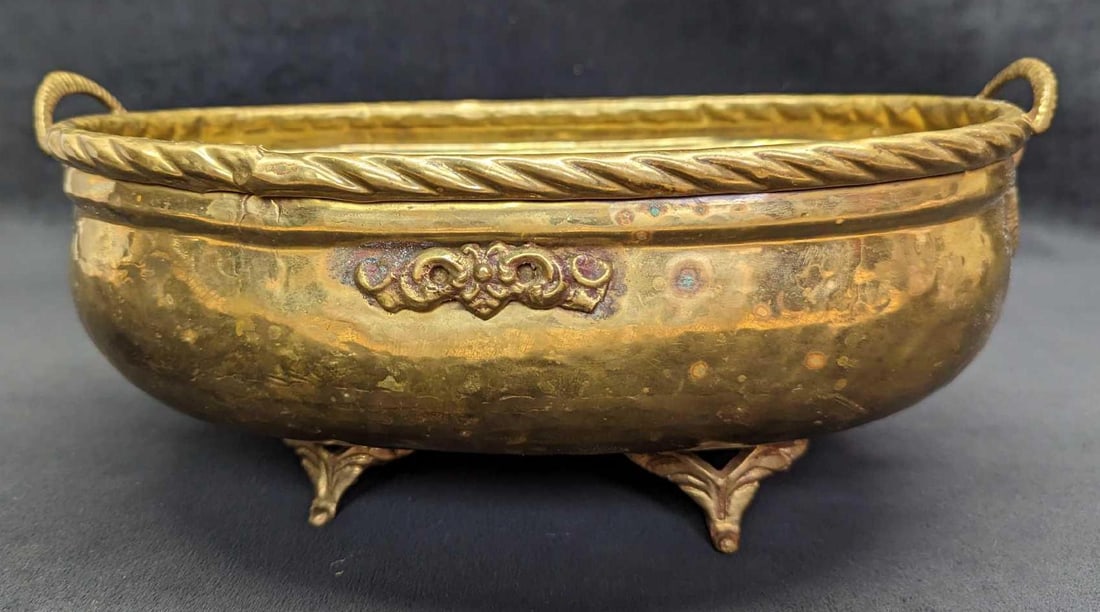 Vintage Brass Hammered Footed Planter With Handles (1 of 6)