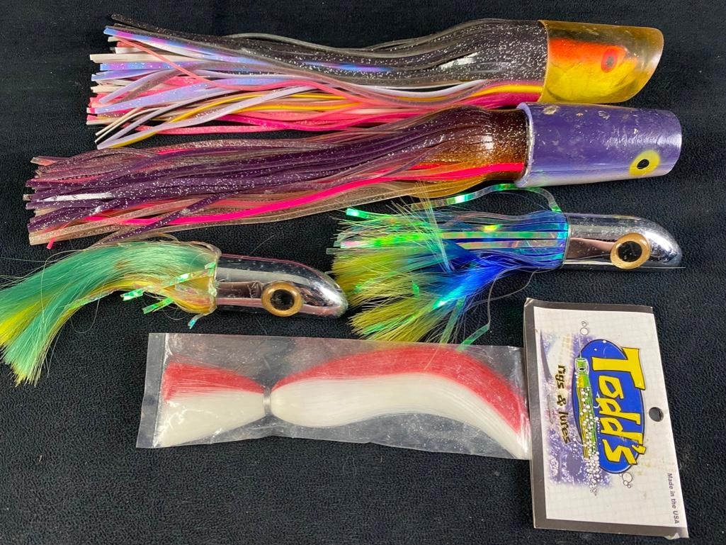 Boone Marlin and Tuna Lures: Boone Marlin and Tuna Lures Four lures and one extra tail, two marlin lures and two tuna lures. The lures are made by Boone and the extra tail is made by Todd's Rigs and Lures. In good condition, 
