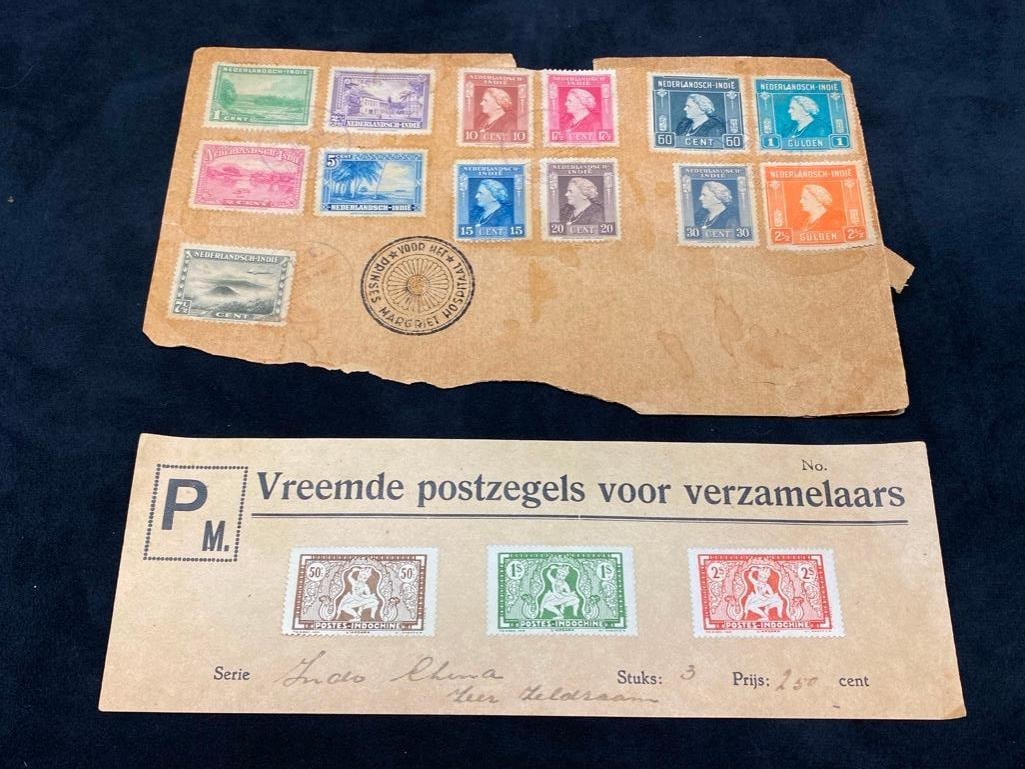 Set of Dutch Indonesia & French Indochina Stamps: Set of Dutch Indonesia & French Indochina Stamps Stamps from colonial Southeast Asia, from 1931 and 1948. The Dutch stamps are used, and canceled from the Princess Margriet Hospital in Batavia, In