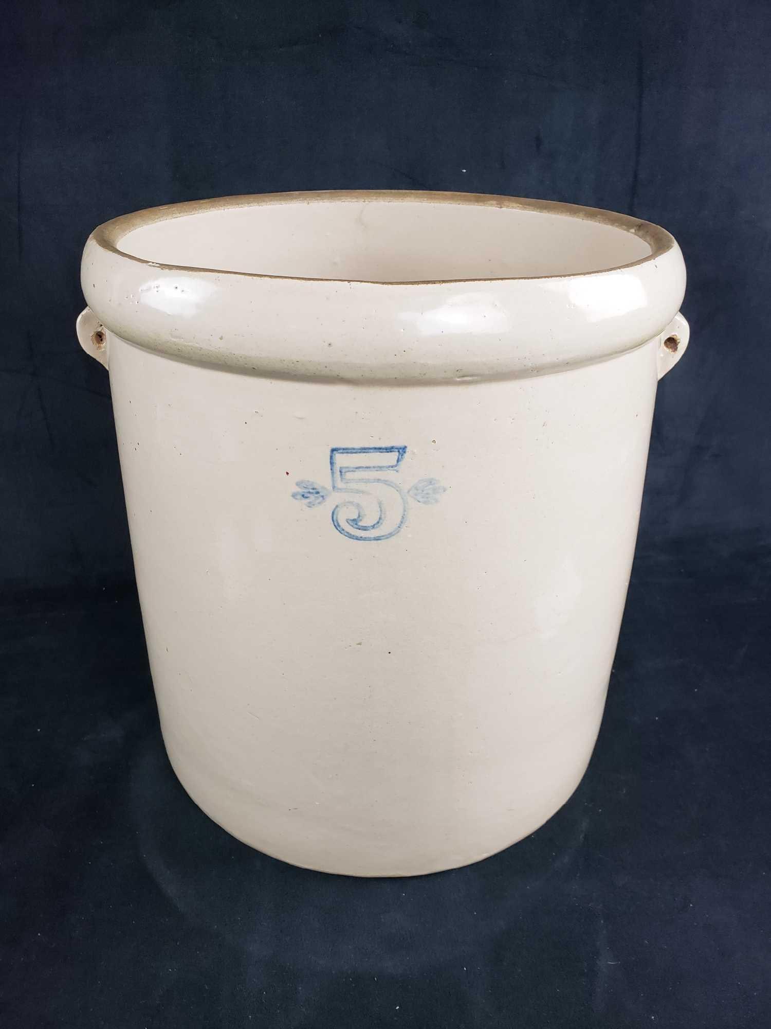 5 Gallon Salt Glaze Handled Stoneware Pot: 5 Gallon Salt Glaze Handled Stoneware Pot. This stoneware pot is in good used condition. There are a few areas where the glaze is chipped around the rim. The pot has the number 5 hand painted on the f