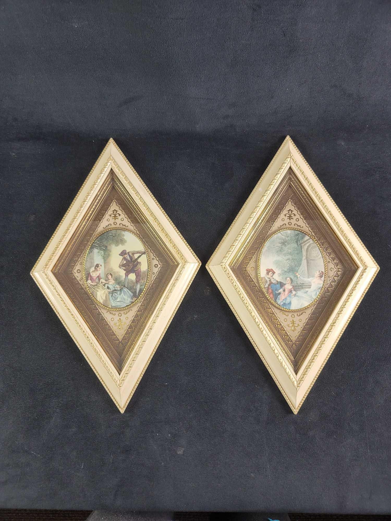 Romantics by Turner Wall Accessories: This lot contains two diamond-shaped frames containing Victorian Era scenes. Called the Romantics, 1451 J381 is the item number. These are by Turner Wall Accessory Company. Vintage pieces that catch y