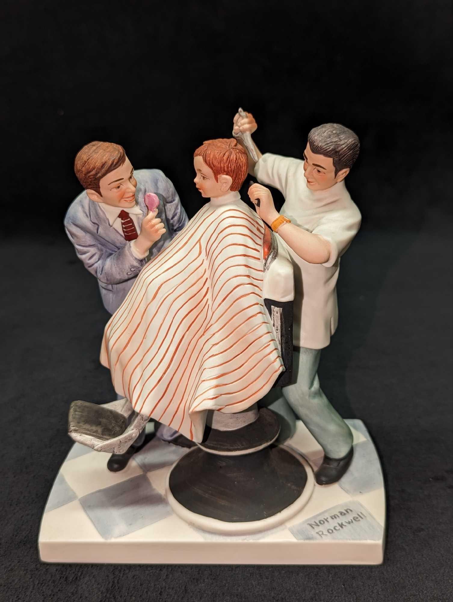 Vintage Norman Rockwell The First Haircut Figurine: Vintage Norman Rockwell The First Haircut Figurine. This was released in 1979 by the Norman Rockwell Museum and is made of Porcelain. This figurine is approx 5 3/4" x 3 1/2" x 6 1/2" and i