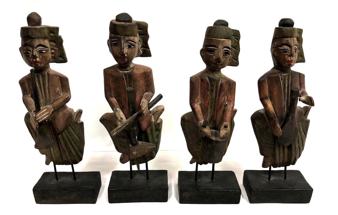 Set of 4 Vintage Carved Wood Thai Painted Musicians: Set of 4 Vintage Carved Wood Thai Painted Musicians. Each Wood Sculpture is approximately 8-1/2" x 3" x 2-1/2" with a combined weight of about 1.1lbs. Overall the Carved Wood Figures are i