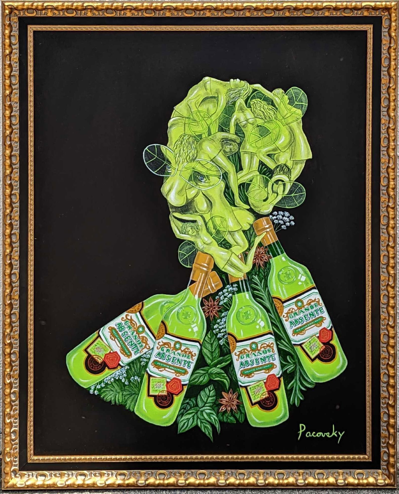 John Pacovsky Acrylic On Canvas Absente Absinthe: John Pacovsky Acrylic On Canvas Absente Absinthe. This was inspired by Giuseppe Arcimboldo's Vertumnus. The framed original that was Commissioned by Absente brand absinthe, is approx 32 1/2"