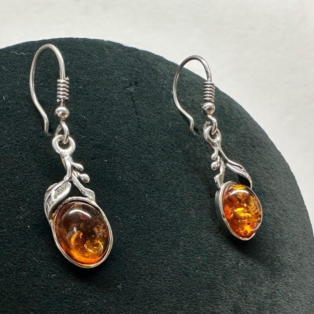 Pair of Sterling Amber Cabochon Earrings (1 of 3)
