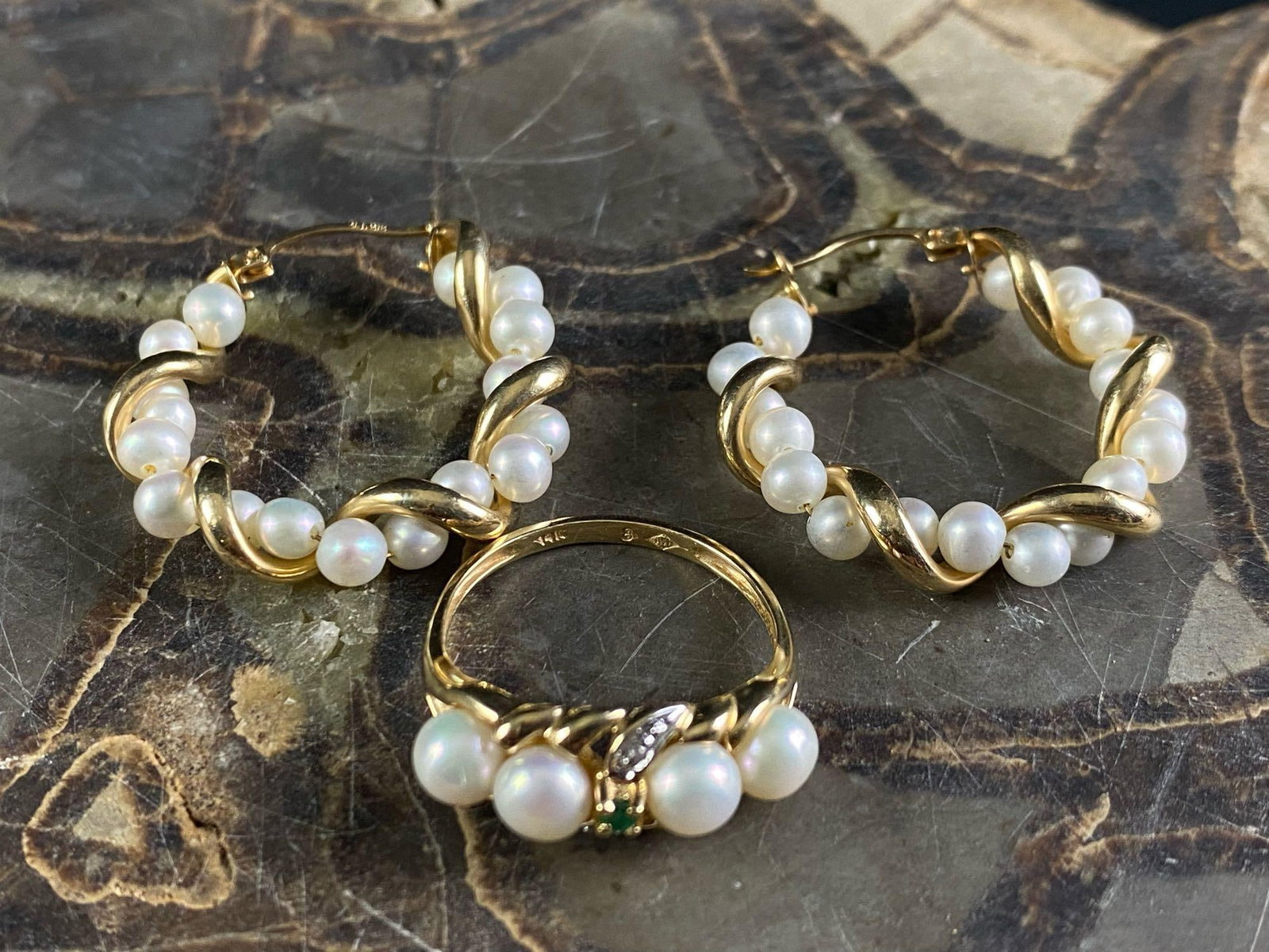 Vintage 14K & 10K Gold Pearl Earrings & Solitaire Ring (1 of 13)
