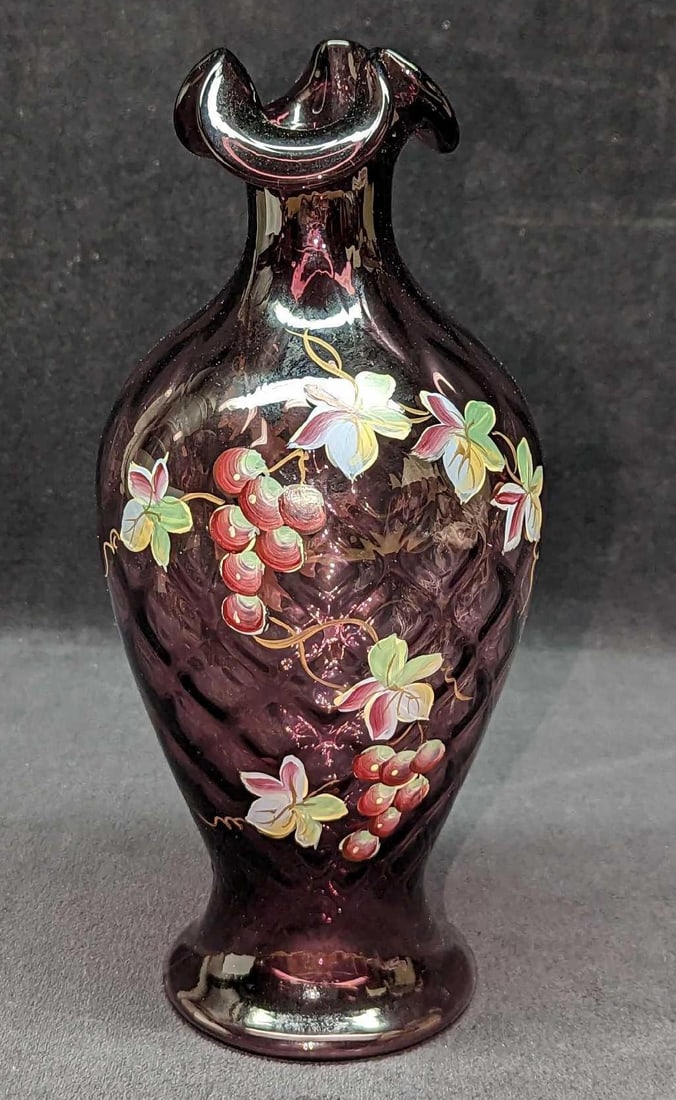 Fenton Hand Painted Floral Glass Ruffle Vase: Fenton Hand Painted Floral Glass Ruffle Vase. The vase is signed on the bottom by the artist that painted it. The vase is approx 4" x 4" x 8 3/4" and it weighs 0.82lb. The vase has no chip