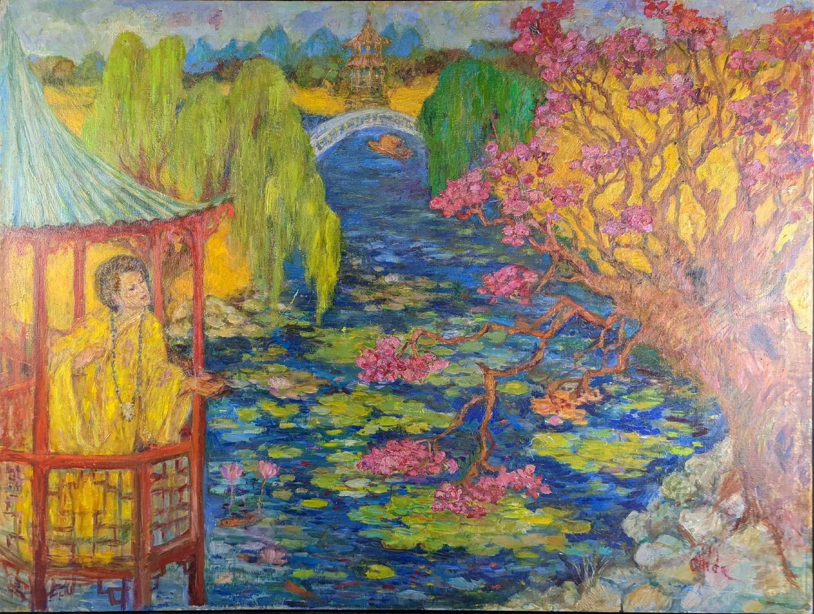 Large Original Acrylic On Canvas Woman & Garden: Here is a large original acrylic on canvas of a woman who looks a bit like Rue McClanahan, who gazes upon a rather majestic garden with a lily pad filled pond and bridge, among other colorful things. 